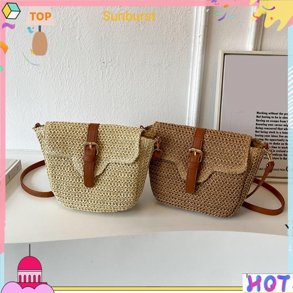 กระเป๋าสะพายข้างผู้หญิง Handmade Strawทอกระเป๋าชายหาดฤดูร้อนกระเป๋าโทรศัพท์มือถือ [Sunburst11.th]