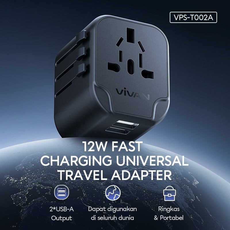 I* VPS-T002A 12W Travel Adapter + 2 USB-A เอาต์พุต VIVAN Power Adapter Dual Port USB A Universal T00