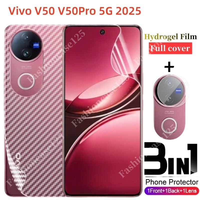 3in1 Vivo V50 5G 2025 ฟิล์มไฮโดรเจลด้านหน้าคาร์บอน Fibre กลับคลุมทั้งหมดกล้องด้านหลังป้องกันฟิล์มสํา