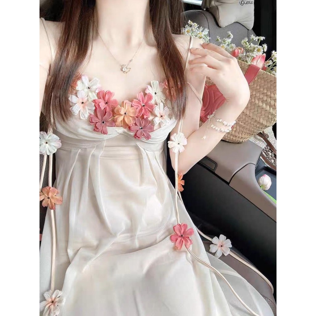 เดรสชีฟองเกาหลีเดรสสายเดี่ยวโชว์หลัง ลายดอกไม้ เอวสวย | เดรสวันพักร้อนและเดท | Backless Floral Dress
