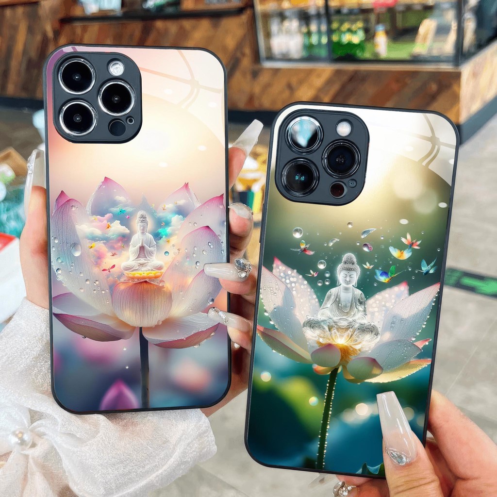 แก้วสําหรับพระโพธิสัตว์นั่งบัว บัวบาน สําหรับ iPhone 16 15 14 13 12 11 8 7 6 6s 6p 7p 8p 6g 7g 8g Pr