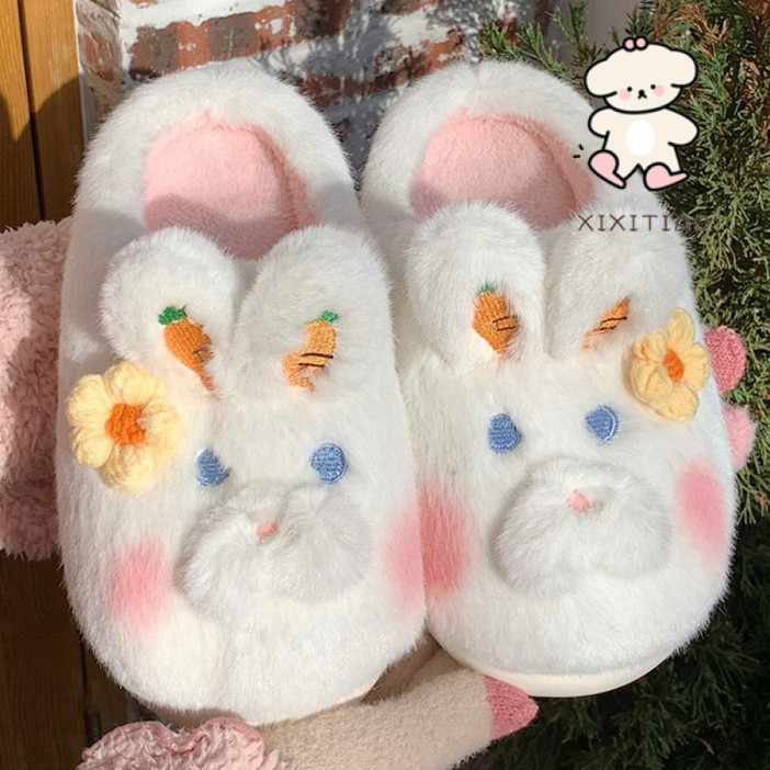 Xitiao ฤดูใบไม้ร่วงฤดูหนาว Leisure บ้านในร่ม Warm Plush รองเท้าแตะผ้าฝ้ายหญิงการ์ตูนน่ารักกระต่าย Soft Sole Baotou Confinement รองเท้า
