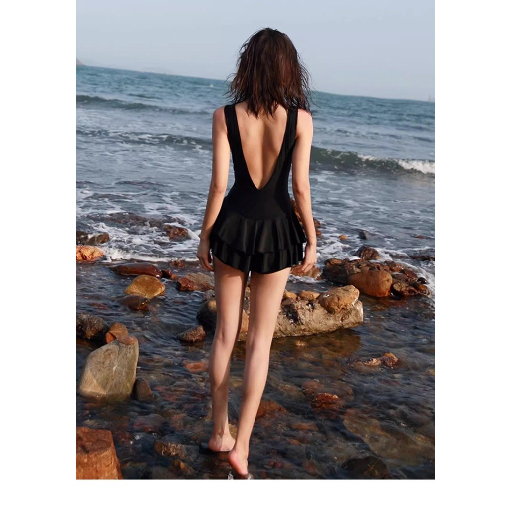 ชุดว่ายน้ําสีทึบชิ้นเดียว Halter ชุดว่ายน้ําเซ็กซี่ Slim @- - รูปที่ 5