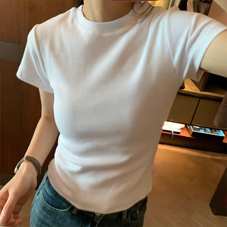 เสื้อยืดผู้หญิง คอกลมแขนสั้น สีทึบ แฟชั่น เสื้อยืดสีขาวผู้หญิง เสื้อยืดคอกลมแฟชั่นย้อนยุคสไตล์อเมริกัน ทรงสลิมฟิต