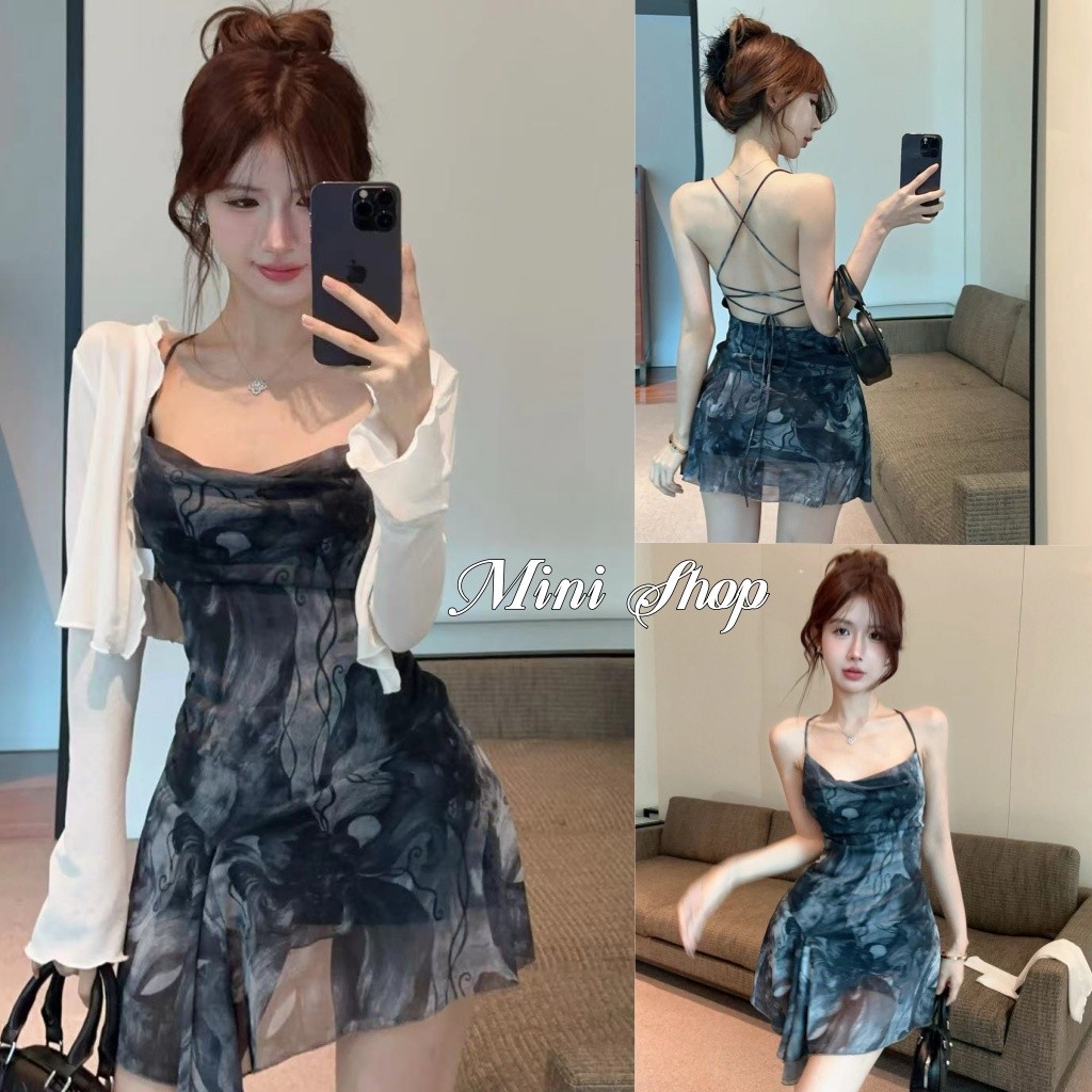 Mini shop🌸พร้อมส่ง🌸(FY2035#1) มินิเดรส เว้าหลัง ผ้าปล่อยปล่อย พริ้วลายมัดย้อน เซ็กซี่ ใส่สบาย