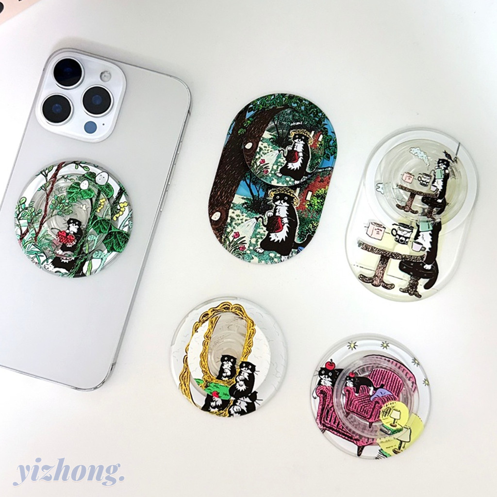 Magnetic Attraction รูปไข่รอบรูปร่างผู้ถือโทรศัพท์สีสันตลกแมวดํารูปแบบการ์ตูนสําหรับ Magsafe โทรศัพท์มือถือกรณีแท็บเล็ตโทรศัพท์มือถือ Kickstand Anti-drop PC Bracket