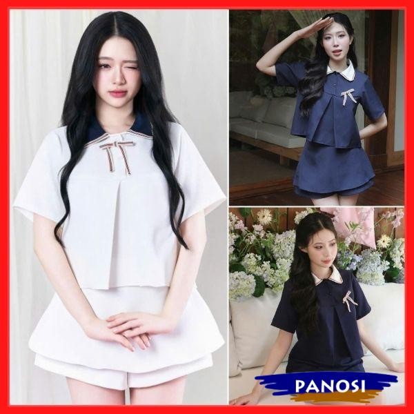 ชุดเดรสผู้หญิงสวยๆ ชุดเซ็ต เสื้อครอปแขนสั้นมีโบว์น่ารัก ผสมกางเกงกระโปรงเชื่อมคุณภาพสูง ข22-ปาโนซี