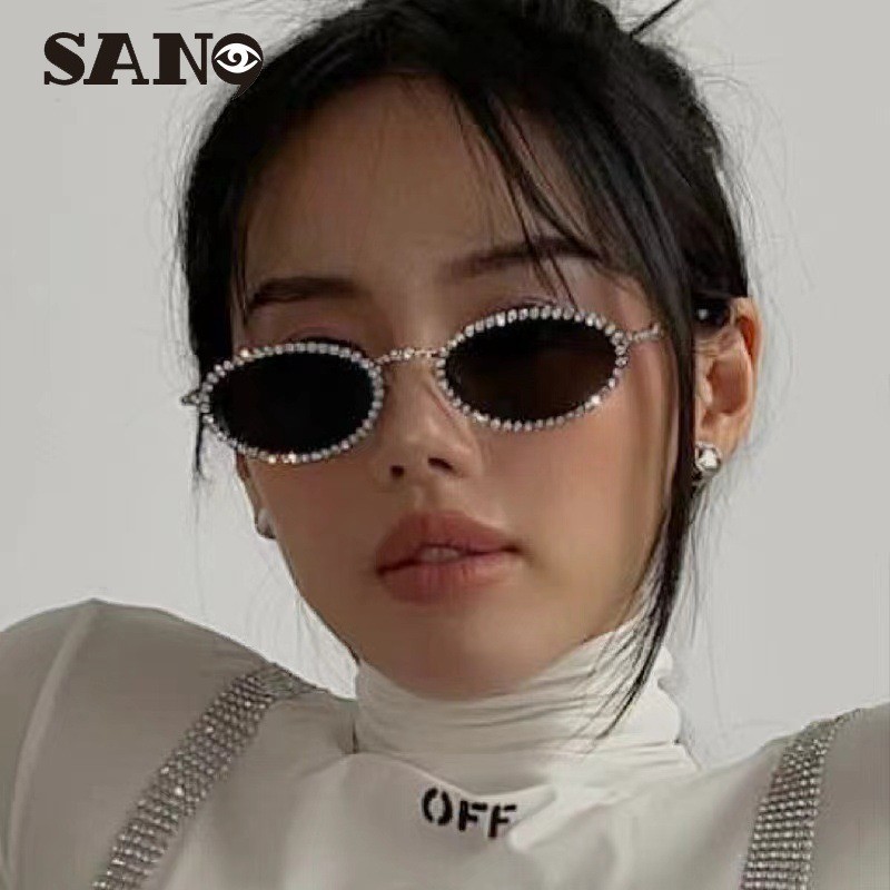แฟชั่นเพชรเต็มกรอบขนาดเล็กโลหะรูปไข่กรอบเครื่องเทศสาวพรีเมี่ยมร่มเงาแว่นตากันแดดผู้หญิง