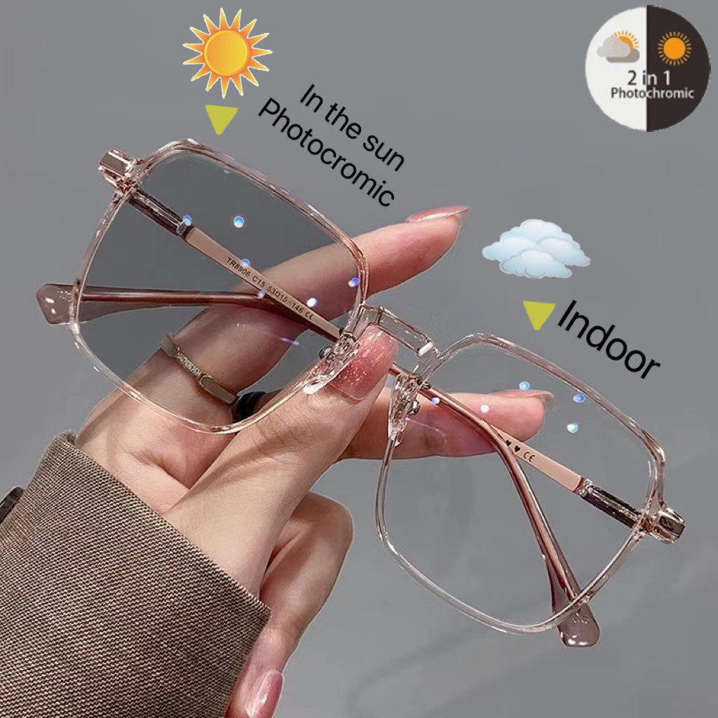 LUSEEN Photochromic ป้องกันรังสีแว่นตาสําหรับผู้หญิงและผู้ชายแว่นตากันแดดแว่นตากรอบสแควร์ Shade เปลี