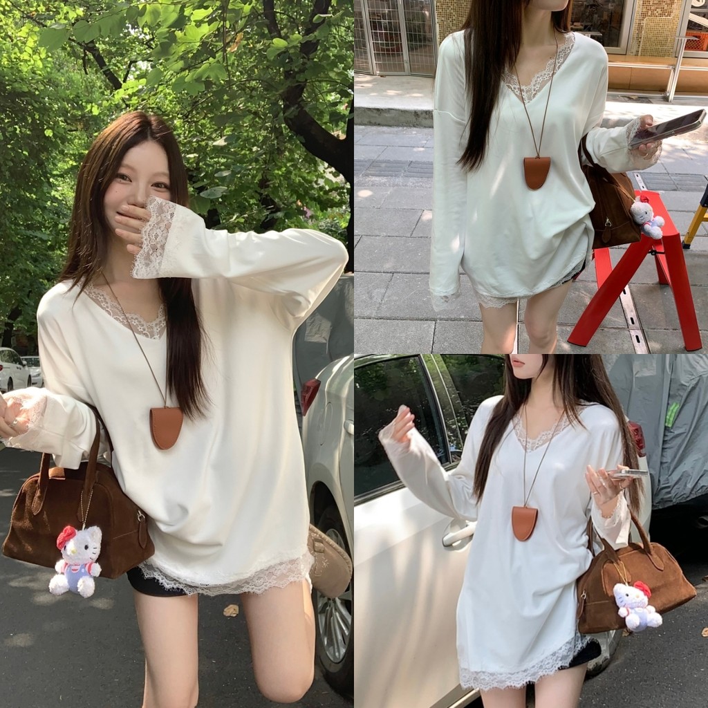 cherryshop พร้อมส่ง เสื้อยืดคอวีแขนยาวผ้าลูกไม้ฝรั่งเศสสำหรับผู้หญิง สีพื้น ทรงหลวม หวานและเซ็กซี่ เนื้อผ้าใส่สบาย