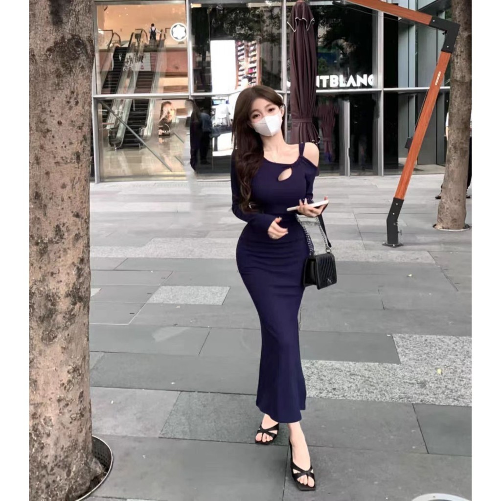 เดรสสีฟ้า รัดรูป น่ารัก แขนยาว งานพรอม ชุดเดรสยาว ทํางาน สาวอวบ sexy prom dress ออกงาน เดรสเกาหลี