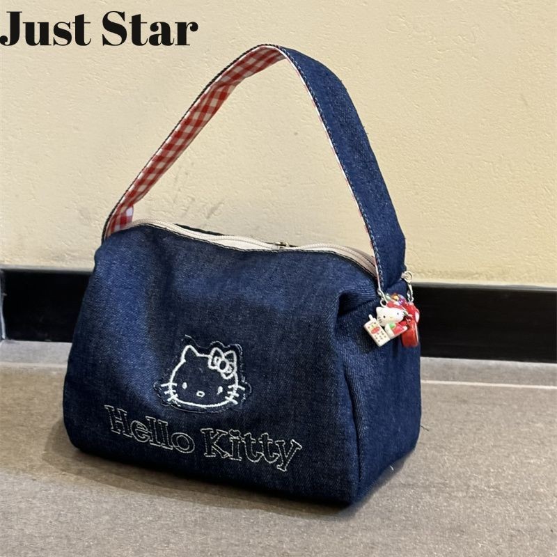 Juststar กระเป๋าเครื่องสําอางผู้หญิงน่ารัก Hello Kitty Denim Crossbody Bag การออกแบบปัก