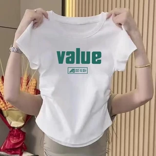 เสื้อยืดเกาหลีสั้นหญิงสวยแพร่กระจายความเป็นเอกลักษณ์ เสื้อรัดรูปเสื้อครอปฤดูร้อนอเนกประสงค์บางบางไหล่เสื้อยืดผู้หญิง