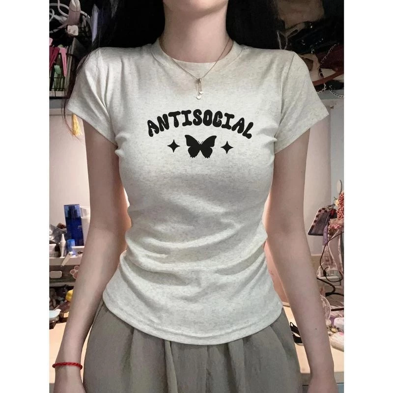 เสื้อยืดแขนสั้นผ้าฝ้ายพิมพ์ลายผีเสื้อแฟชั่นสตรี