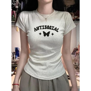 เสื้อยืดแขนสั้นผ้าฝ้ายพิมพ์ลายผีเสื้อแฟชั่นสตรี