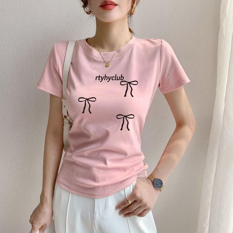 เสื้อยืดแขนสั้นผู้หญิงรุ่นใหม่พิมพ์ลายโบว์ น่ารัก และเซ็กซี่ สีเทา ไหล่หน้า ทรงสลิมฟิต
