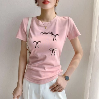 เสื้อยืดแขนสั้นผู้หญิงรุ่นใหม่พิมพ์ลายโบว์ น่ารัก และเซ็กซี่ สีเทา ไหล่หน้า ทรงสลิมฟิต