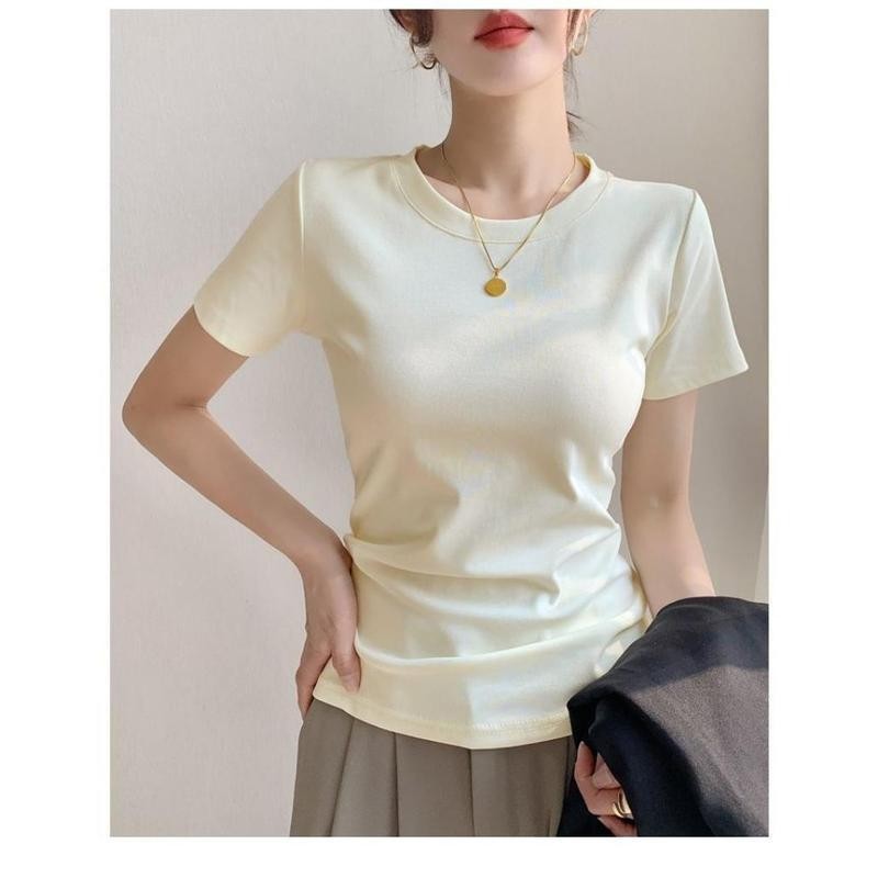 เสื้อยืดแขนสั้น สำหรับผู้หญิง ทำจากผ้าฝ้าย เหมาะสำหรับฤดูร้อน มาใหม่ คอกลม ทรงสลิมฟิต ท็อปส์ซู ราคา ถูกที่สุด ดีลบีเคเค แกลเลอรีภาพที่ 6