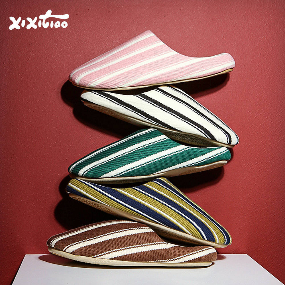 Xitiao Niche Contrast สีลายผ้าฝ้ายผ้าลินินรองเท้าแตะผู้ชายผู้หญิงสบายบ้านคู่ฤดูใบไม้ผลิฤดูร้อน