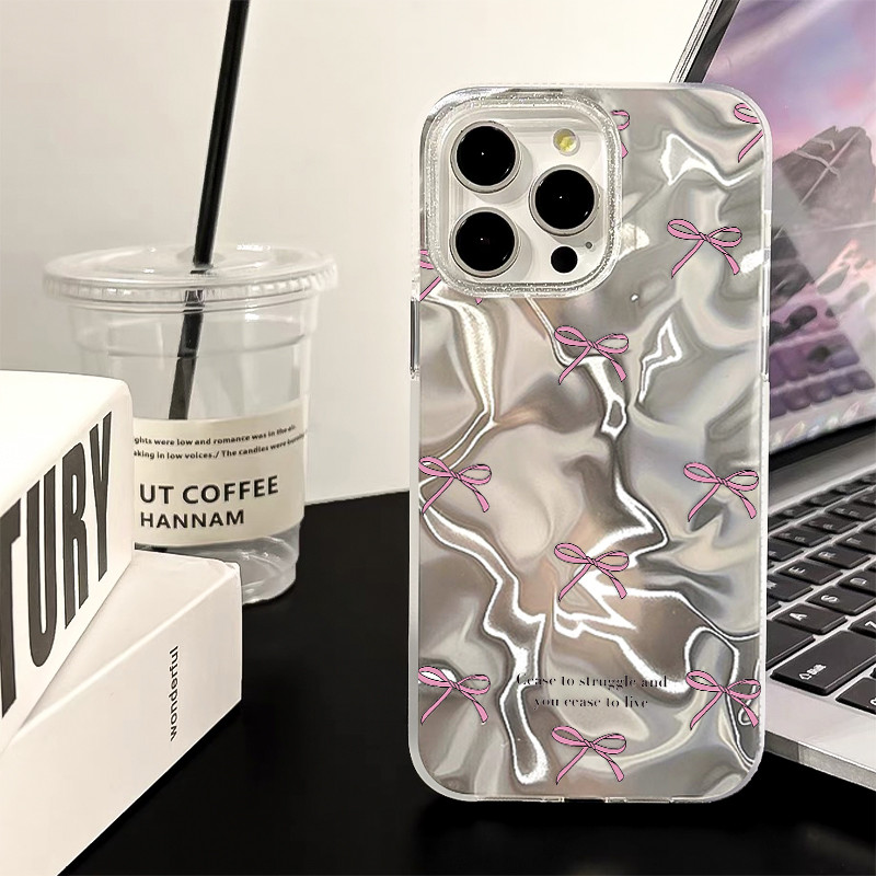 ส่งจากไทย เคสไอโฟน13 ลายโบว์สีชมพู น่ารัก ใช้ได้กับ iPhone11 12 13 14 15 16 Pro MAX PLUS X XS XR 6p 7p 8pP6/7/8/SE2020