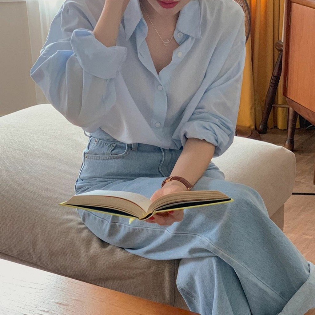 ชุดเสื้อเชิ้ตแขนยาวสไตล์เกาหลีใหม่ ฤดูใบไม้ร่วงเริ่มต้น สีอบอุ่น เรียบง่าย คลาสสิก สีพื้น คอปกพับ หล