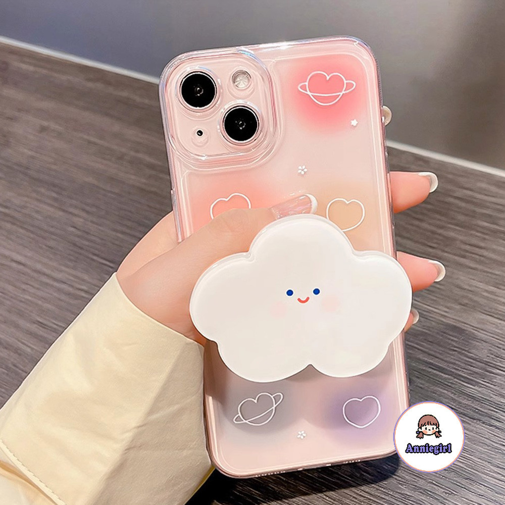 เคสโทรศัพท์มือถือนิ่ม กันฝุ่น ไล่โทนสี ลายก้อนเมฆน่ารัก พร้อมขาตั้ง สําหรับ IPhone 11 15 14 Pro Max 12 13Promax XS XR 7 8Plus