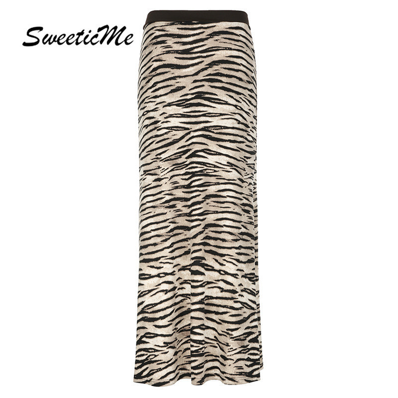 Sweeticme กระโปรงทรงเอ ทรงหลวม พิมพ์ลายเสือ สีตัดกัน สไตล์เรโทร แฟชั่นสําหรับผู้หญิง 2024
