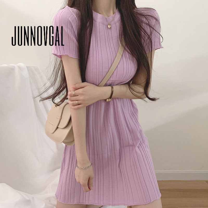 Junnovgal ชุดมินิเดรส ทรงเอ แขนสั้น สีพื้น แฟชั่นฤดูใบไม้ผลิ สําหรับผู้หญิง 2024