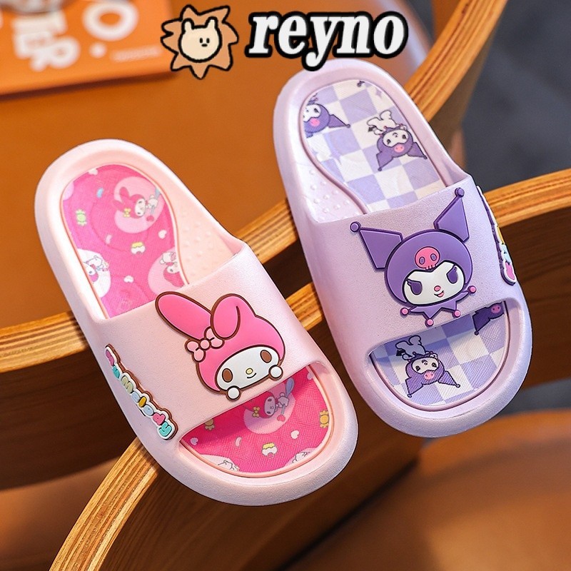 Reyno รองเท้าแตะ กันลื่น ลายการ์ตูนอนิเมะ Sanrio Hello Kitty Kawaii Kuromi My Melody Cinnamoroll เหมาะกับเดินชายหาด ห้องน้ํากลางแจ้ง แฟชั่นฤดูร้อน สําหรับเด็กผู้หญิง
