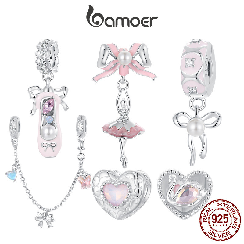 Bamoer 925 Sterling Sliver Charm Girlish Heart Ballet Swan Bow จี้สําหรับสร้อยข้อมือของขวัญ