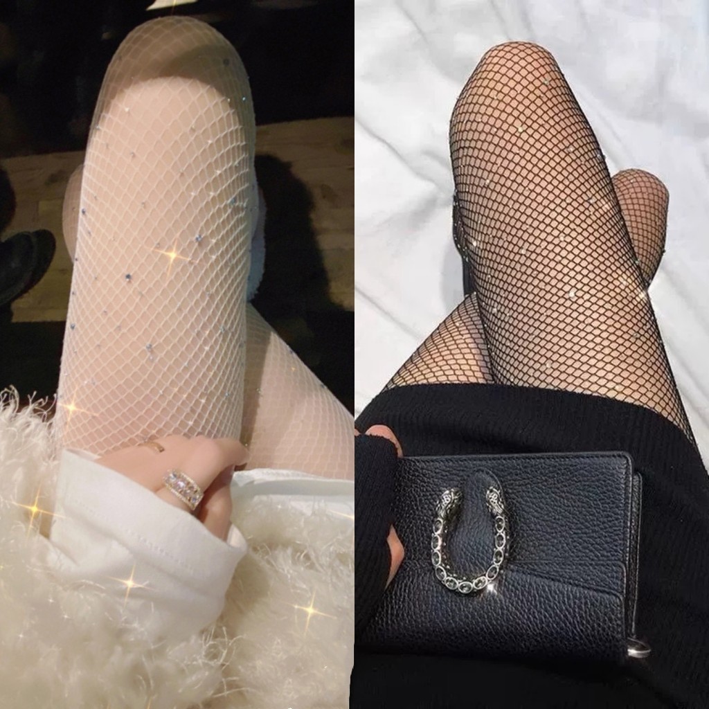 💖พร้อมส่งในไทย🧦ถุงน่องสีดำ ถุงน่องตาข่าย ประดับเพชร เงาวาว เซ็กซี่