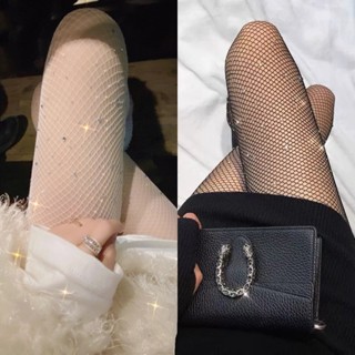 💖พร้อมส่งในไทย🧦ถุงน่องสีดำ ถุงน่องตาข่าย ประดับเพชร เงาวาว เ…