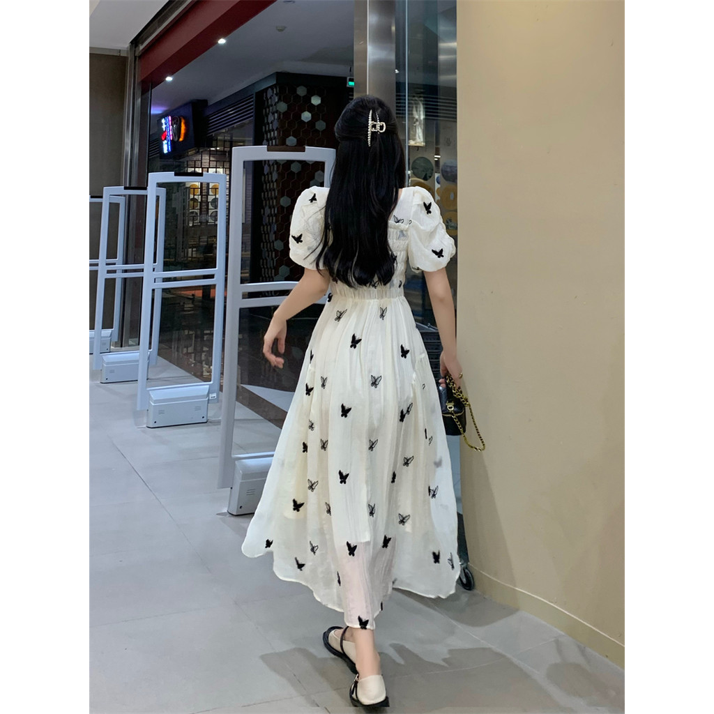 ชุดเดรสกระโปรงยาว แขนพัฟ คอสี่เหลี่ยม ลายดอกไม้ สไตล์ฝรั่งเศส สําหรับสตรี PBB0