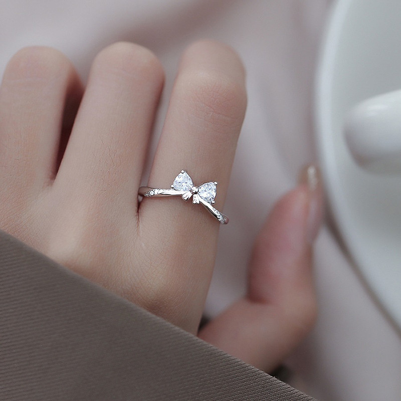 สไตล ์ เกาหลีผู ้ หญิง S925 เงินทอง Bowknot ทองแดงเพทายเพชรแหวนแต ่ งงานแฟชั ่ นอุปกรณ ์ เสริม - รูปที่ 4