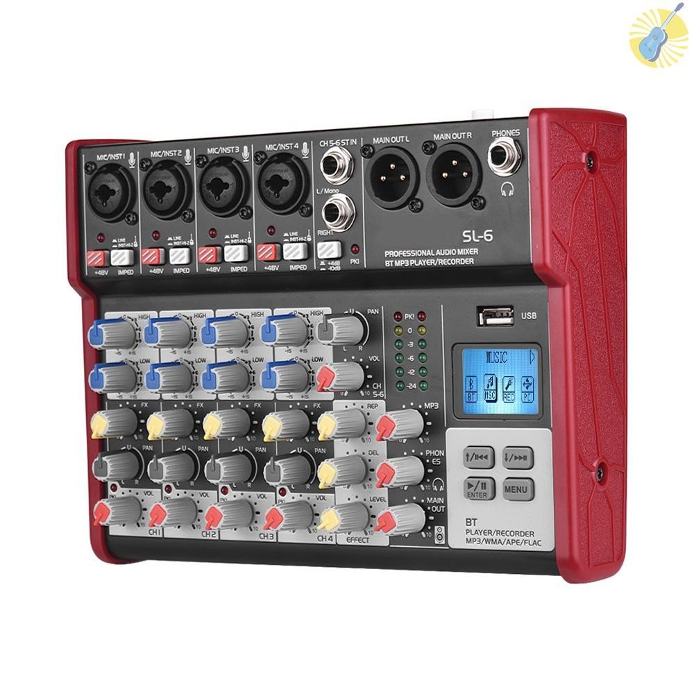 Sl-6 เครื่องผสมคอนโซล แบบพกพา 6 ช่อง 2-band EQ ในตัว 48V Phantom Power รองรับการเชื่อมต่อ BT USB เครื่องเล่น MP3 สําหรับบันทึกเครือข่าย DJ ถ่ายทอดสด คาราโอเกะ
