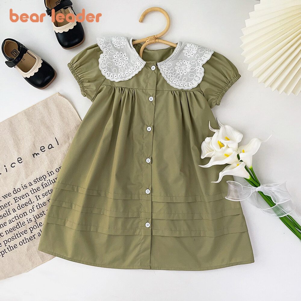 Bear Leader สีทึบฤดูร ้ อน Hollow ลูกไม ้ ตุ ๊ กตา Collar Dresse Single Breasted แขนสั ้ น 3 ถึง 7 ปีเสื ้ อผ ้ าเด ็ ก