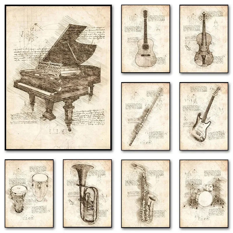 Da Vinci แรงบันดาลใจ Sketches โปสเตอร์เครื่องดนตรีเปียโนไวโอลินพิมพ์ผ้าใบพิมพ์ Wall Art ภาพสําหรับห้องนอนตกแต่งบ้าน 9XJU