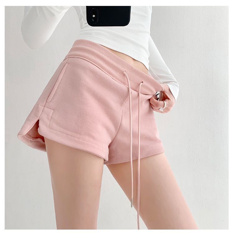 ผู ้ หญิงฤดูร ้ อนเกาหลีสบายๆ Minimalist เอวสูงสีทึบ Lace Up หลวมกีฬากางเกงขาสั ้ น