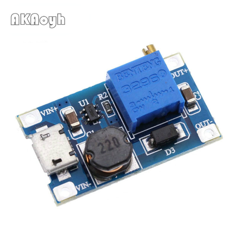 MT3608 โมดูลแปลงไฟขึ้น DC-DC ปรับได้ 2A พร้อม MICRO USB 2V-24V to 5V 9V 12V 28V