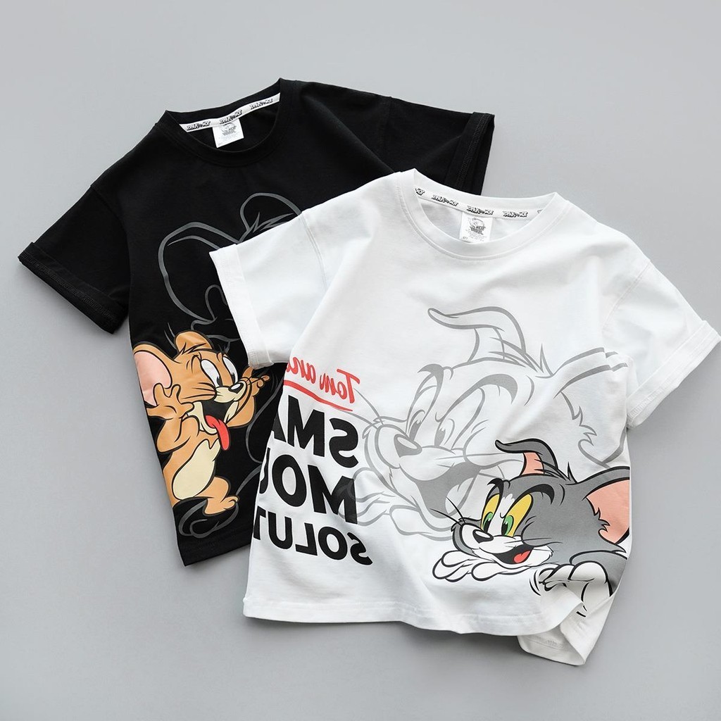ทอมเจอร์รี่ เด็กการ์ตูนพิมพ์เสื้อยืดสําหรับเด็กชายและเด็กหญิงบางแขนสั้นด้านบนสําหรับเด็กชายใหญ่ฤดูร้อนเด็กสวมใส่