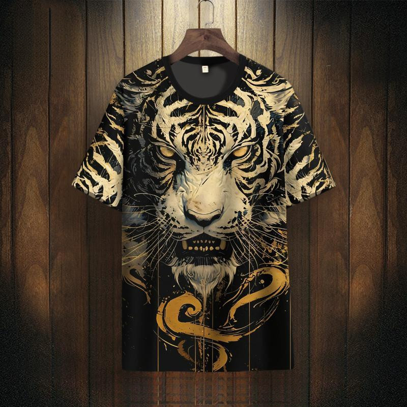 เสื้อยืดแขนสั้นผู้ชายลายเสือพิมพ์ฤดูร้อนใหม่ขนาดบวกด้านบนสไตล์จีนแขนสั้นแฟชั่นหลวมทุกการแข่งขัน