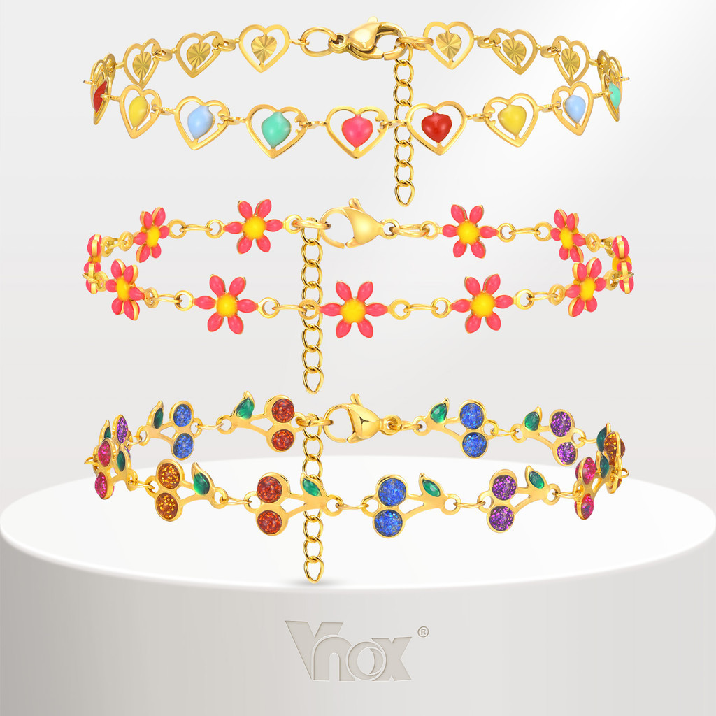 Vnox สร้อยข้อมือดอกไม้เชอร์รี่รูปหัวใจสําหรับผู้หญิงสาว, ทอง 18K สแตนเลสฤดูร้อนที่มีสีสัน Layered Chain Link