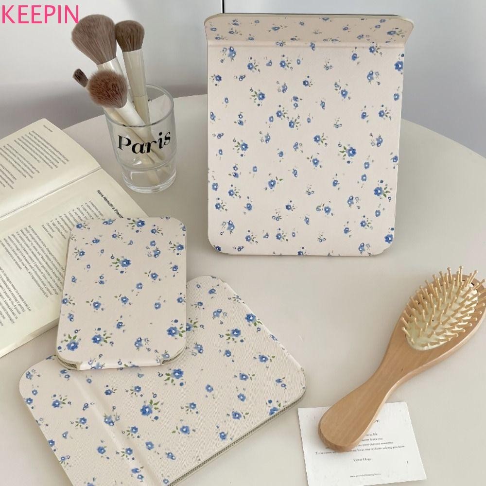 Keepin Desktop Stand Mirror, Pu Leather Flower Fold Makeup Mirror, Portable Compact Cosmetic Mirror Delicate Light Weight Vanity Mirror หอพัก