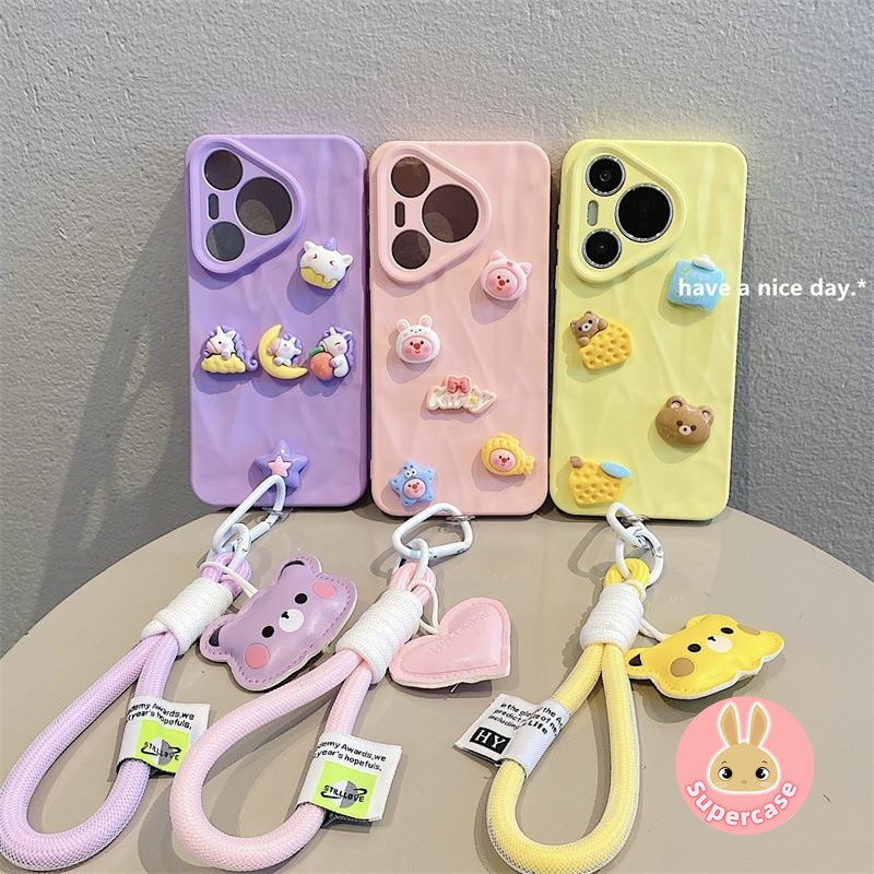 สีม่วงยูนิคอร์นสําหรับ Huawei Pura 70 P60 P50 P40 P30 Pro P50E Mate 60 Pro Plus 50 40 30 Pro 50E น่ารัก Little Beaver เคสโทรศัพท์ Butter Bear ฟอยล์ดีบุกนุ่มเชือก Chian