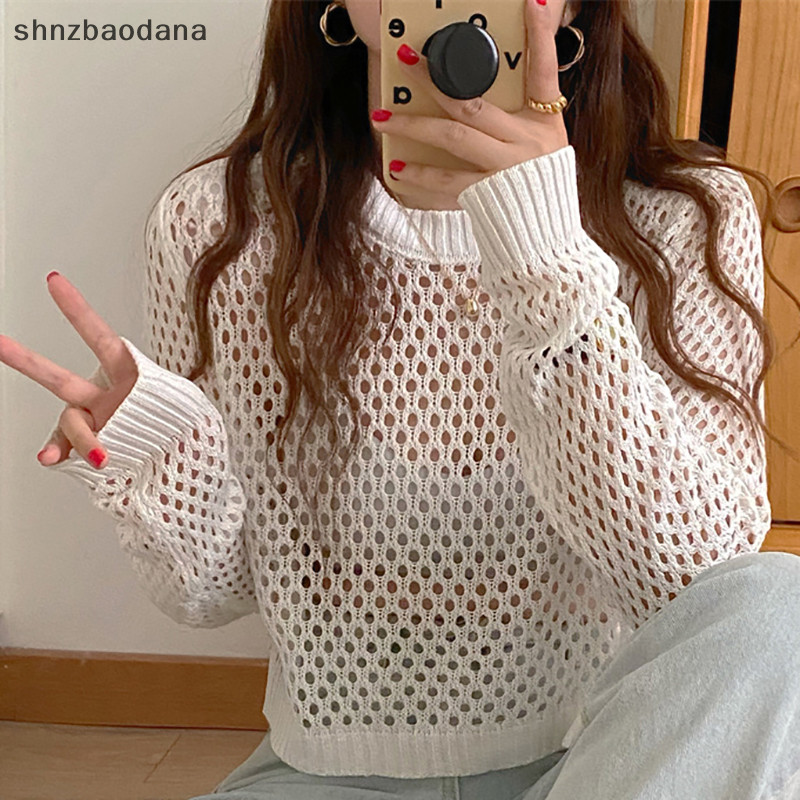 [SHNZAA ] เสื้อถักหลวมๆ แขนยาวคอกลมสีพื้นสำหรับผู้หญิงในช่วงฤดูร้อน FSSG