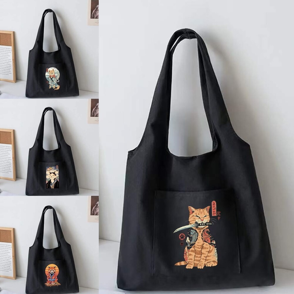 รูปแบบแมวผ้าใบกระเป๋าผู้หญิงไหล่กระเป๋าจี้ขนาดใหญ่ Shopper Tote กระเป๋าแฟชั่นขี้เกียจสไตล์ Sundries กระเป๋า