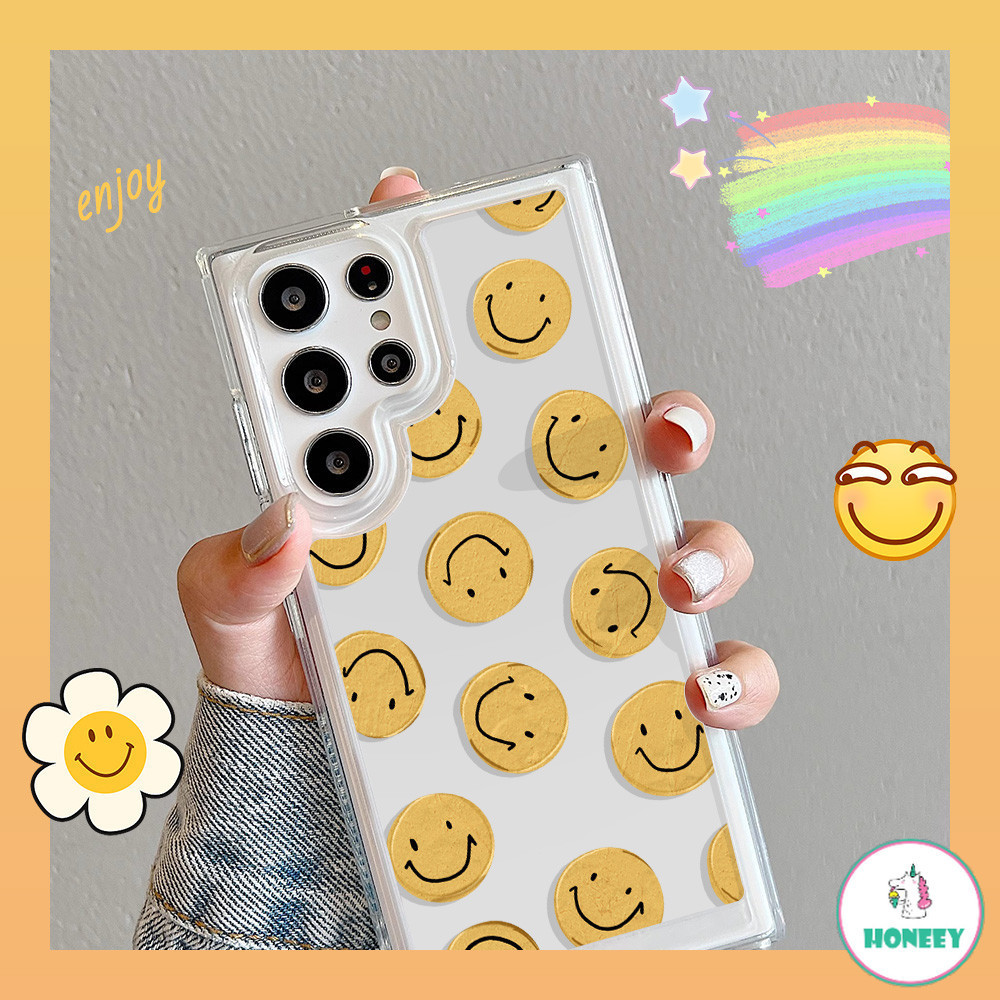 เคสโทรศัพท์มือถือแบบแข็ง ใส กันกระแทก ลายอิโมจิหน้ายิ้ม เรียบง่าย สําหรับ GalaxyS24 S23 S22 S21 Ultra Plus A52 A52S A53 A54 A14 A13 A12 A32 5G S20 FE A12 M12