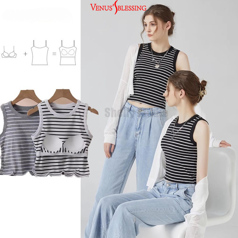 ( Ready Stock )2 in 1 เสื้อชั้นในสตรี ลายทาง ผ้าฝ้าย ไหล่กว้าง แขนกุด คัพ BRA-T เสื้อกล้ามชิ้นเดียว