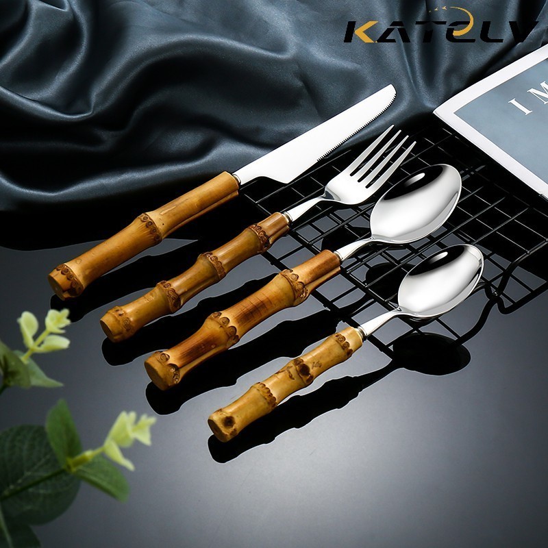ไม้ไผ่จับสแตนเลสช้อนส้อมไม้ชุดช้อนส้อมมีด Minimalist Dinnereware Tableware