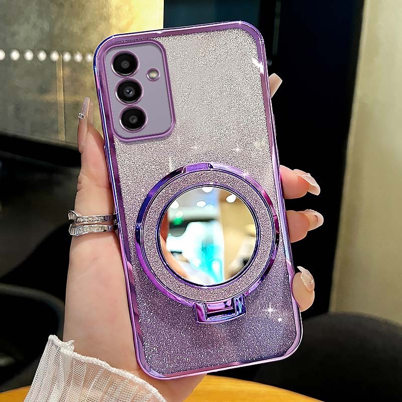 SAMSUNG หรูหราแฟลชแป้งเคสโทรศัพท์สําหรับsamsung Galaxy A55 A35 A25 A15 A13 A33 A14 A34 A54 A16 5G A13 A14 A15 A24 A04S 4Gคุณภาพสูงนุ่มพร้อมวงกลมกระจกขาตั้งวงเล็บ